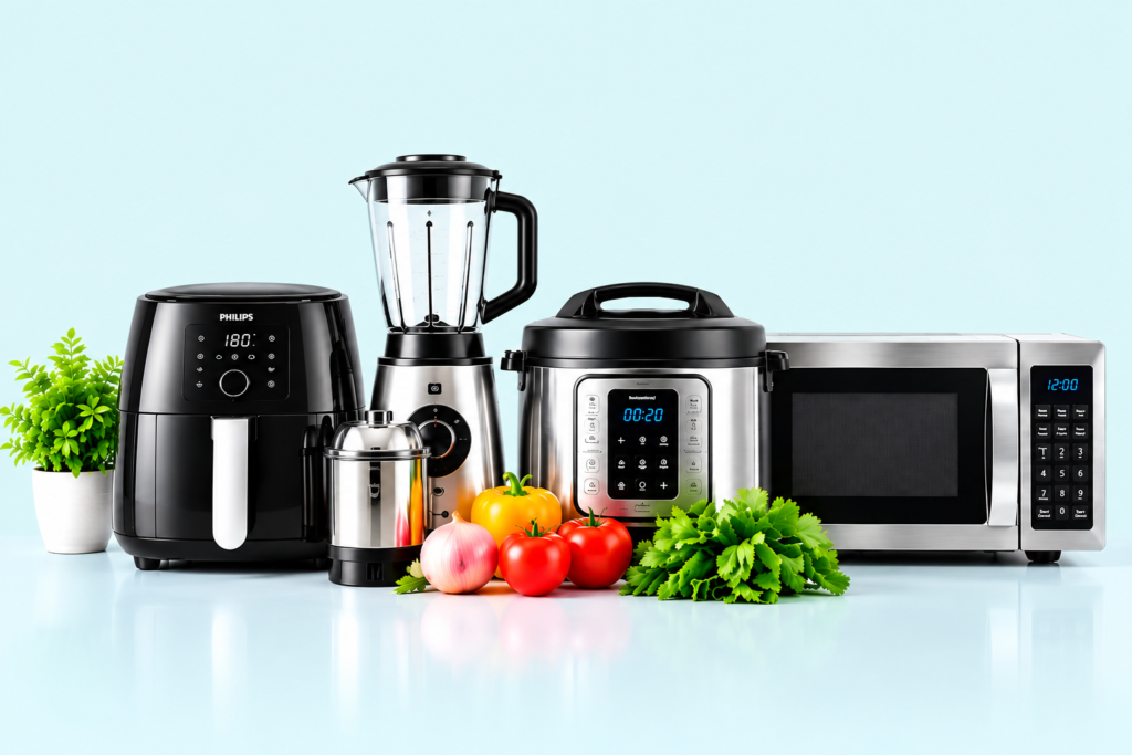 Kitchen appliances including air fryer, blender, mixer grinder, pressure cooker and microwave oven